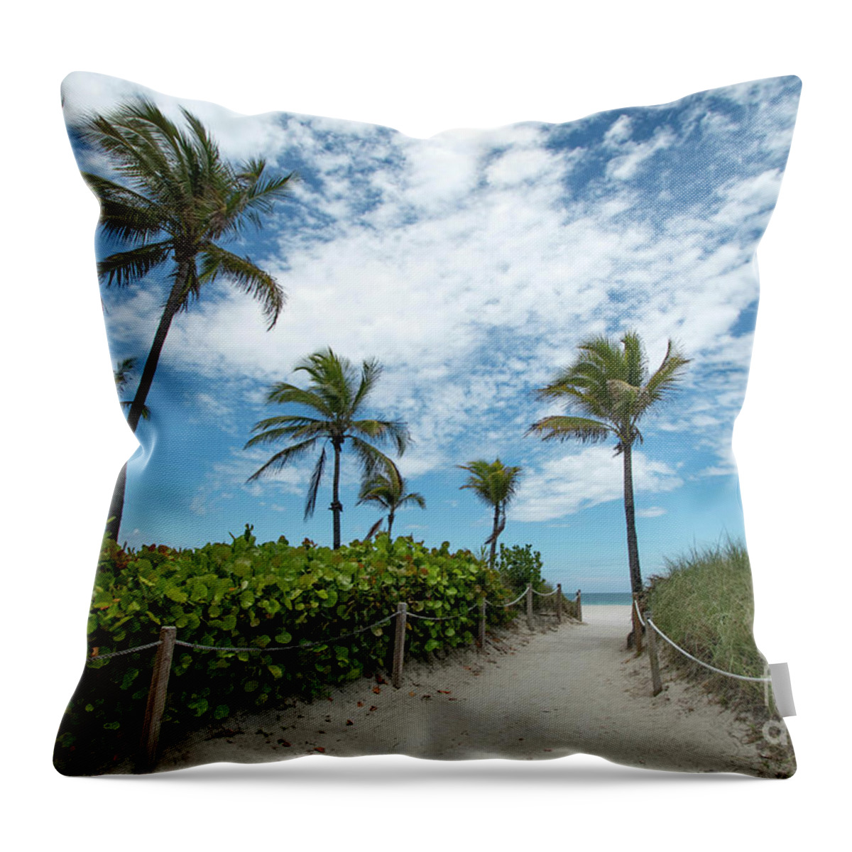 Palm Throw Pillow featuring the photograph South Beach Miami, Florida Beach Entrance with Palm Trees by Beachtown Views