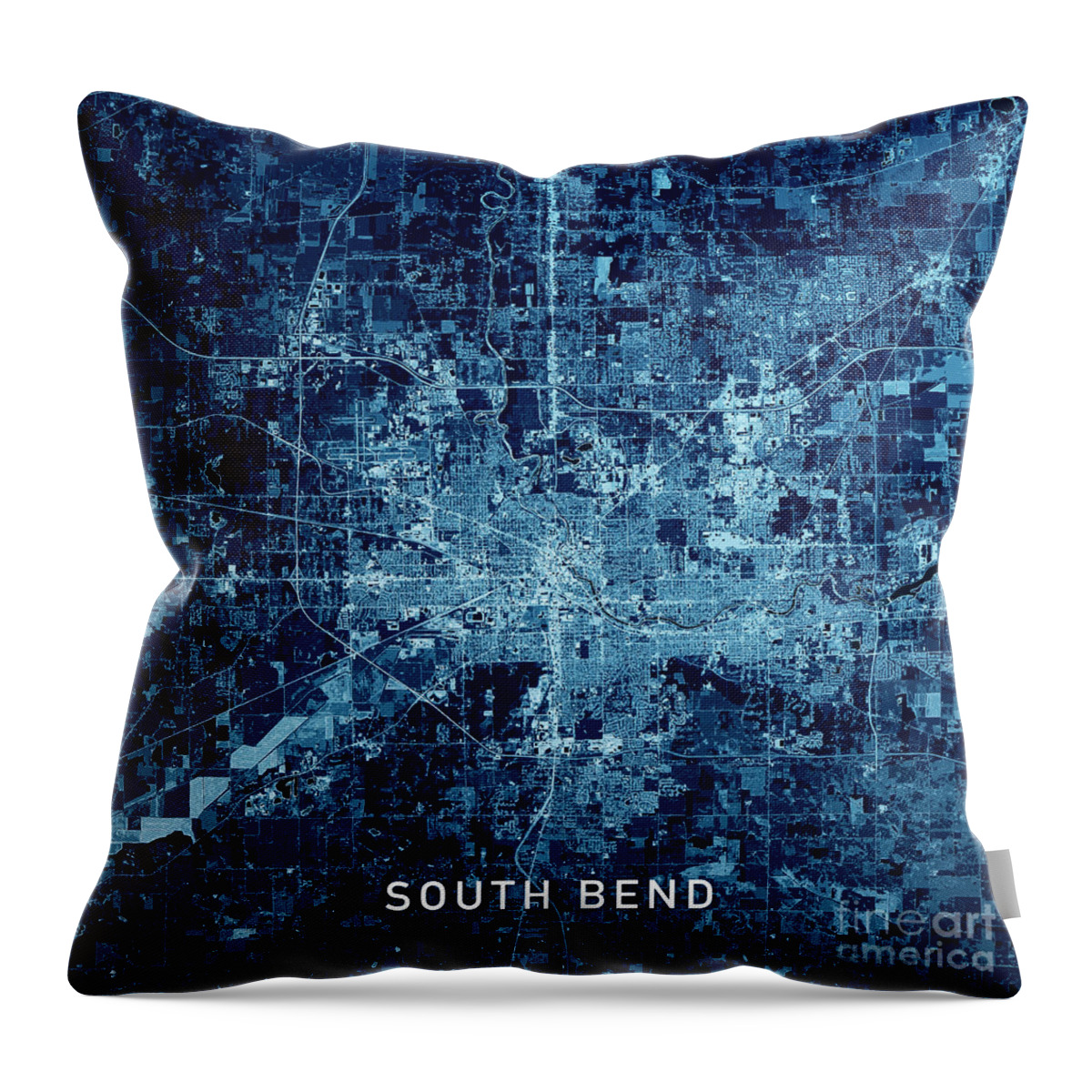 South Bend Throw Pillow featuring the digital art South Bend Indiana 3D Render Map Blue Top View Jul 2019 by Frank Ramspott