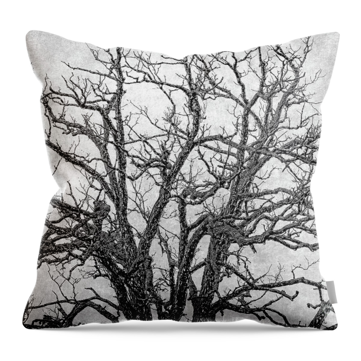 Tree Throw Pillow featuring the digital art Spooky Tree in Black and White by Jayne Carney