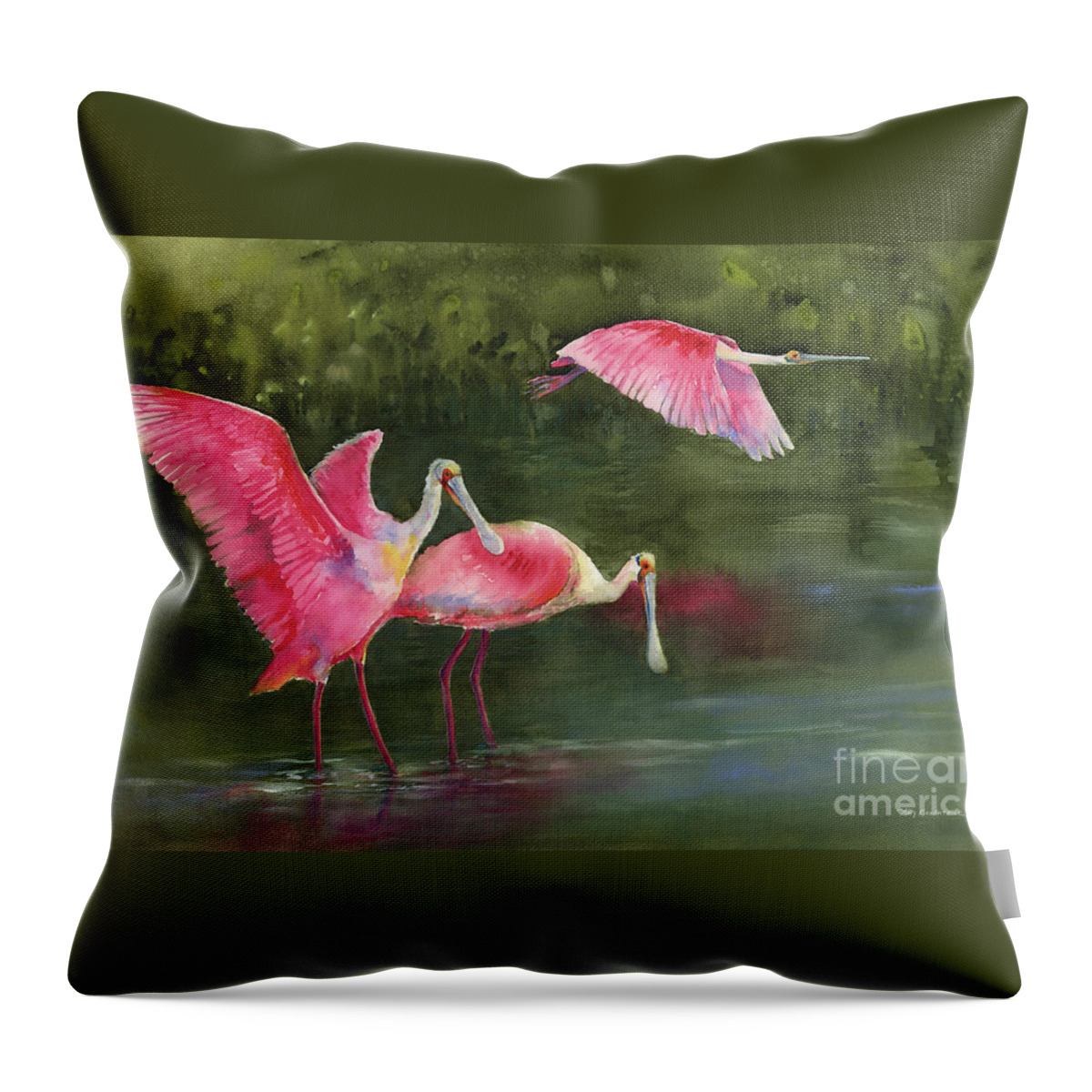 Watercolor Spoonbills Throw Pillow featuring the painting Spoonbills by Amy Kirkpatrick