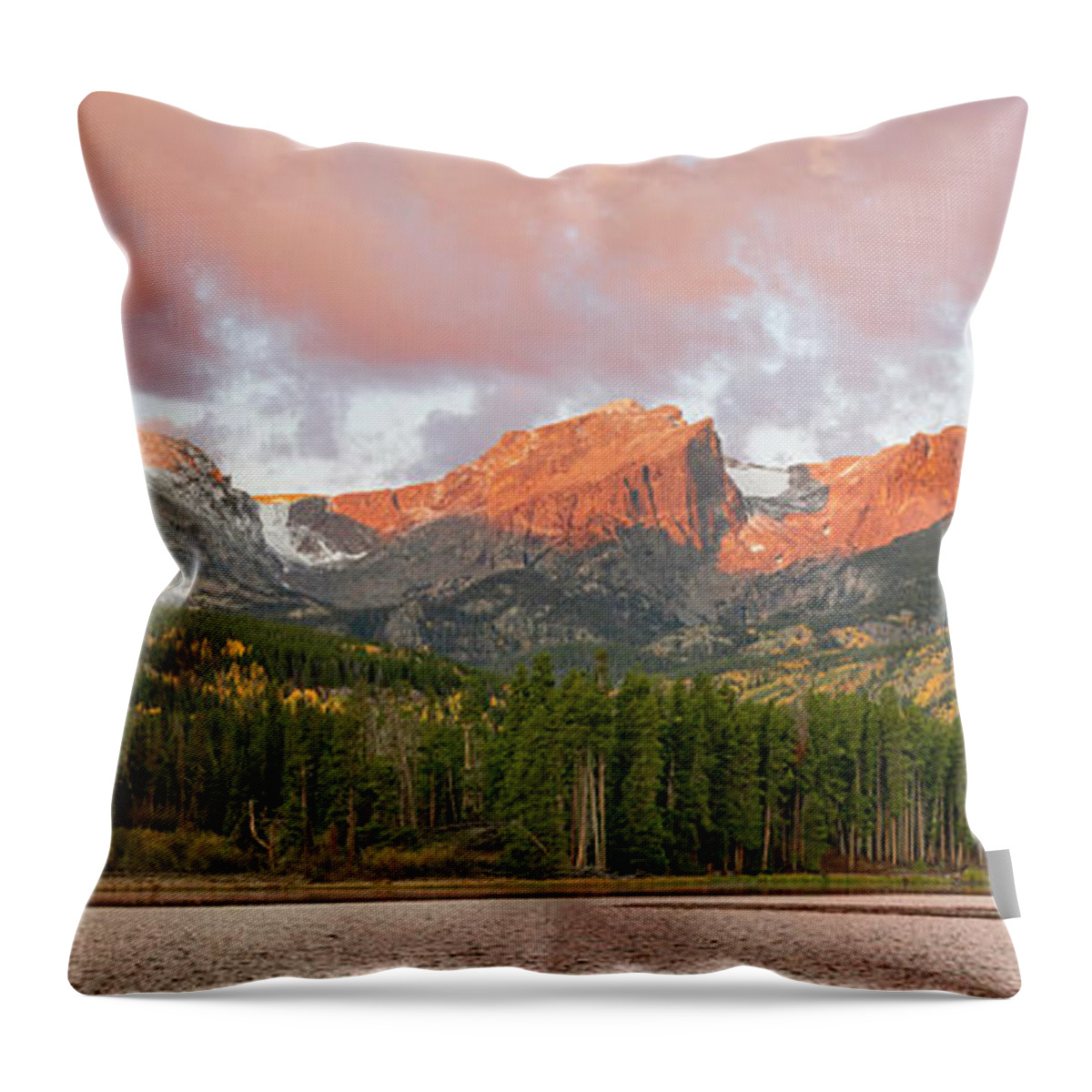 Panorama Throw Pillow featuring the photograph Sprague Lake Autumn Sunrise Panorama by Aaron Spong