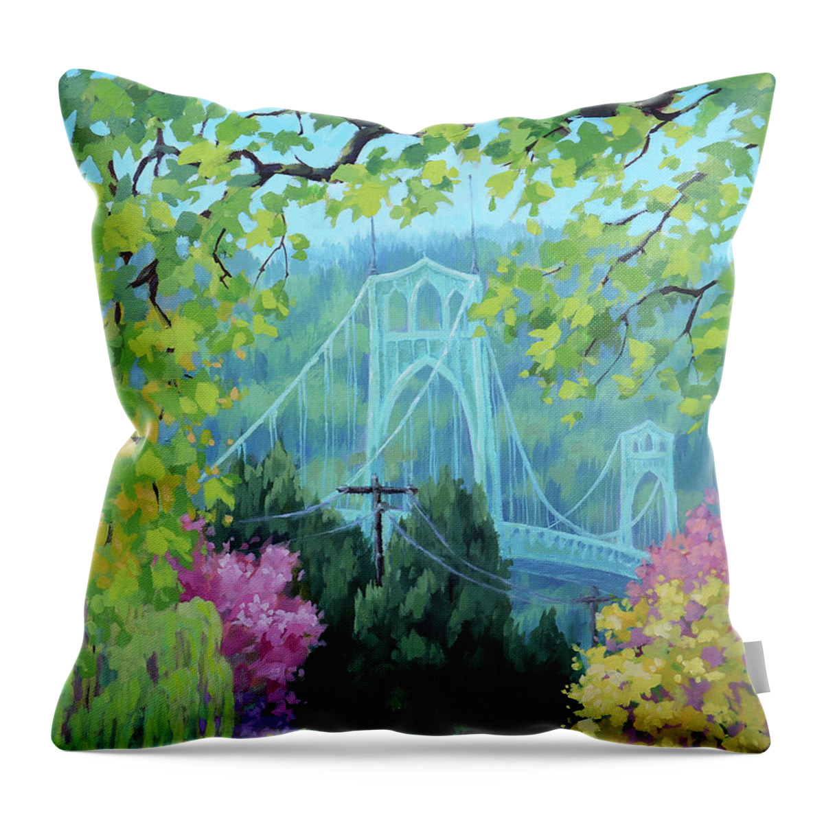 Portland Throw Pillow featuring the painting Spring Bridge by Karen Ilari