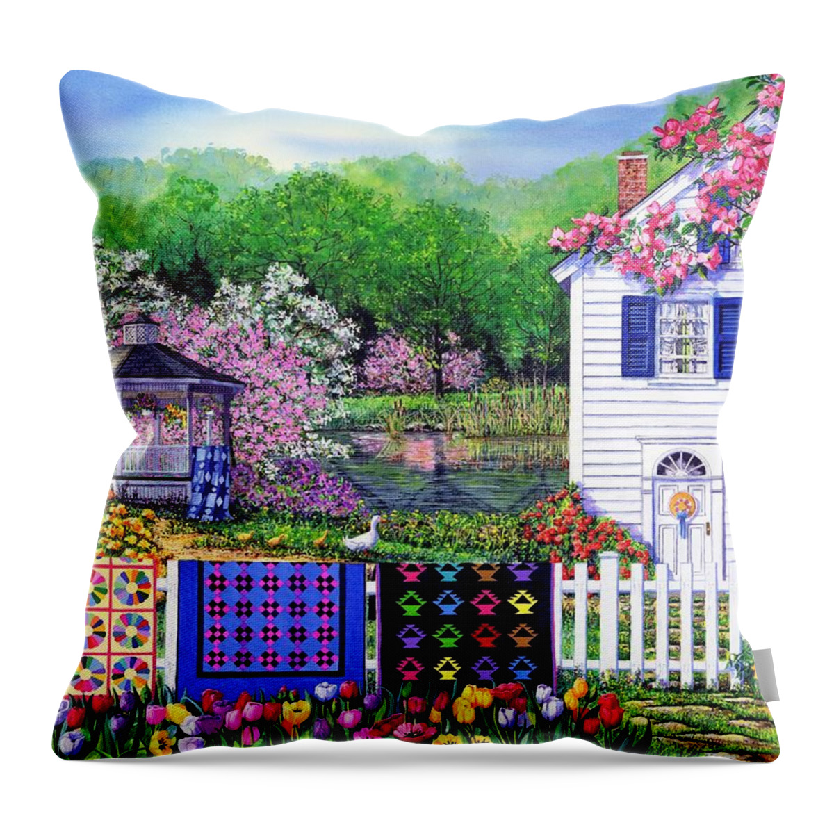 Quilts Throw Pillow featuring the painting Spring Garden by Diane Phalen