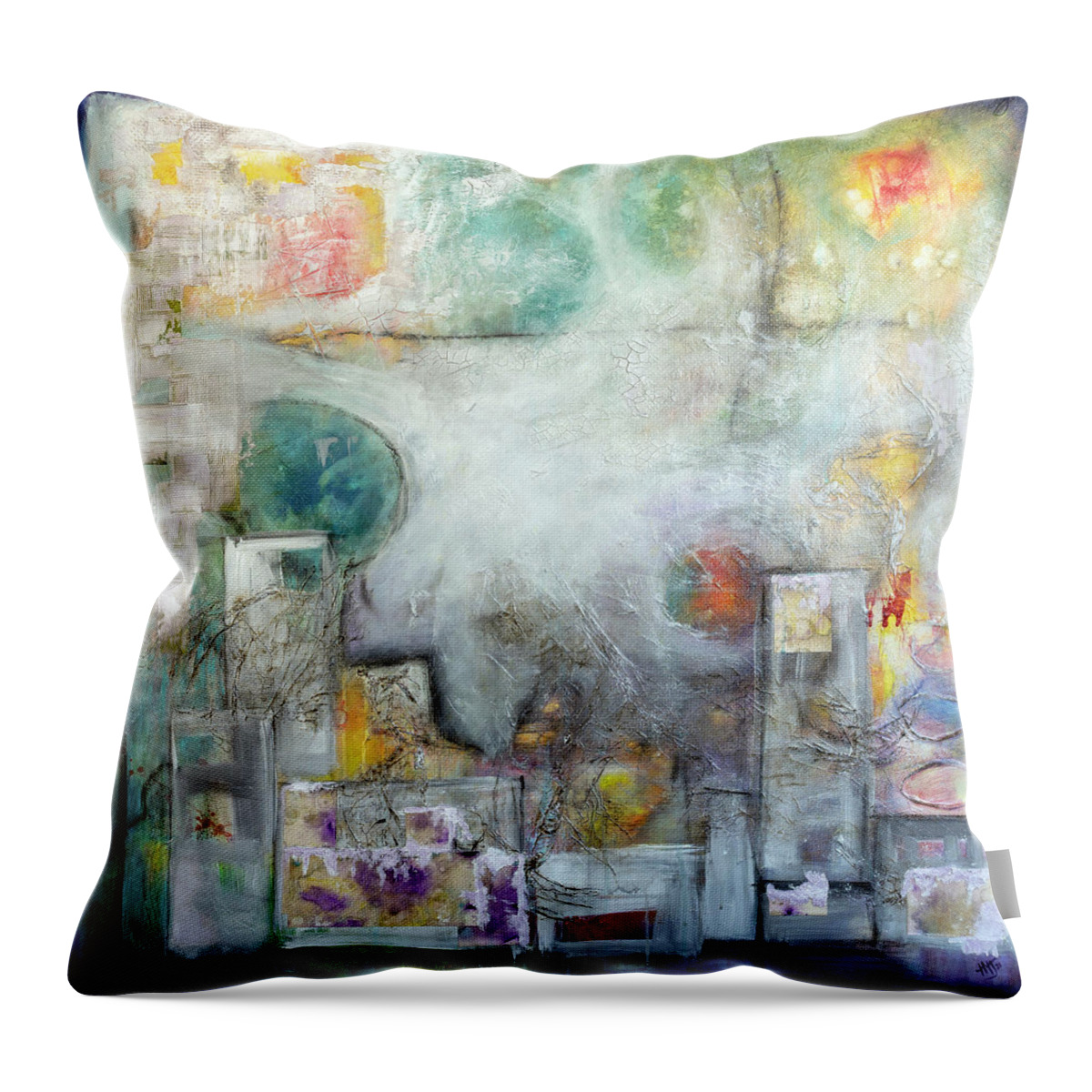 Abstract Throw Pillow featuring the painting Spring Obscura by Theresa Marie Johnson
