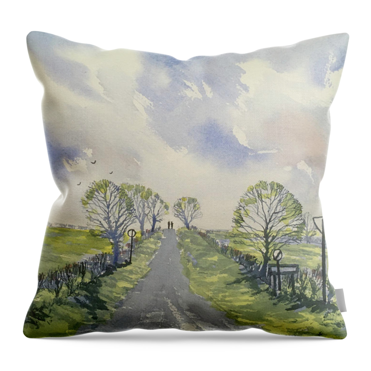 Watercolour Throw Pillow featuring the painting Spring Sky over York Road, Kilham by Glenn Marshall