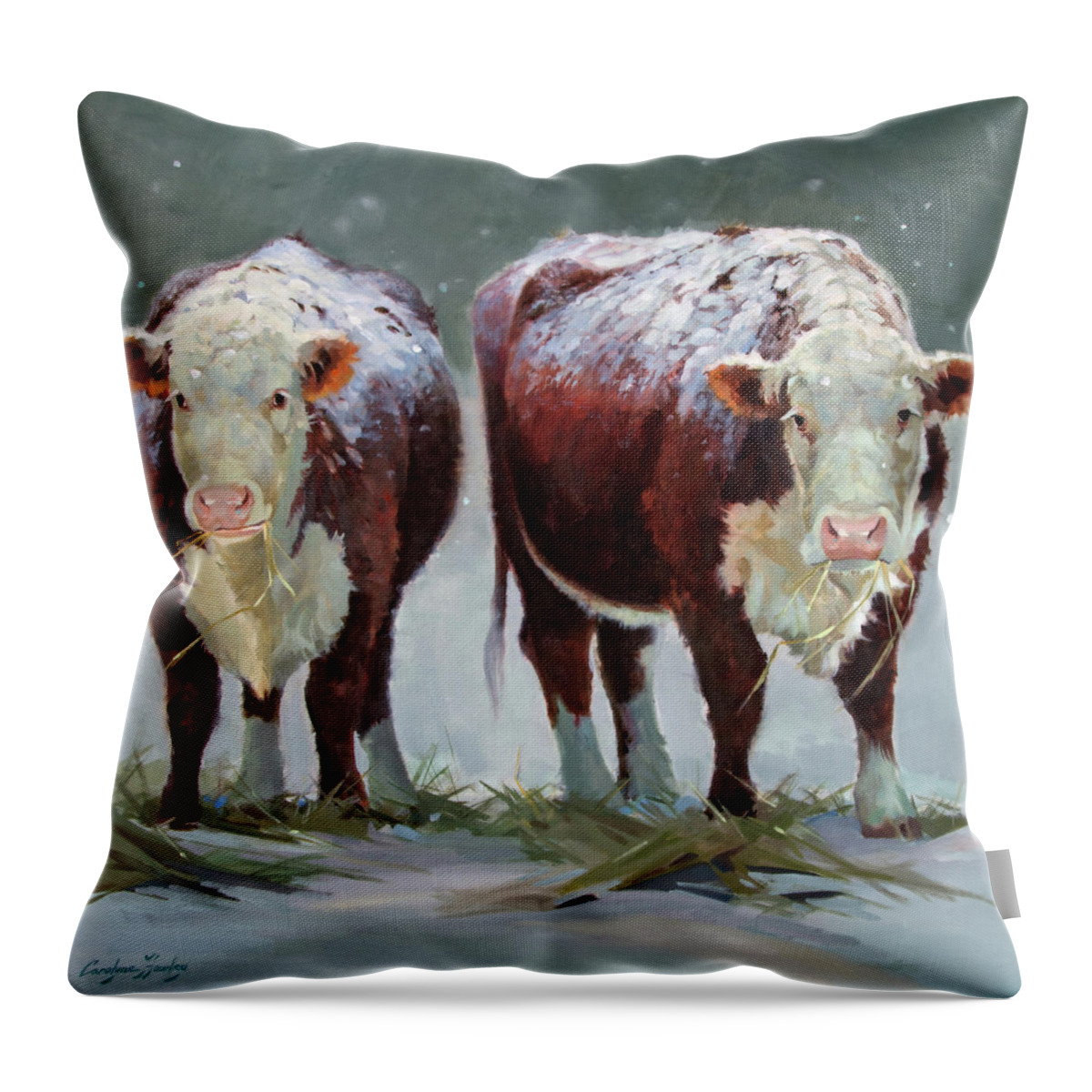Ranch Animals Throw Pillow featuring the painting Spring Snow by Carolyne Hawley