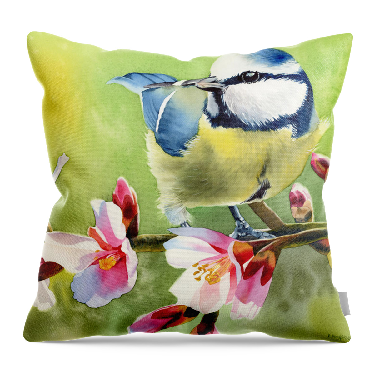 Blue Tit Throw Pillow featuring the painting Spring Twittering by Espero Art