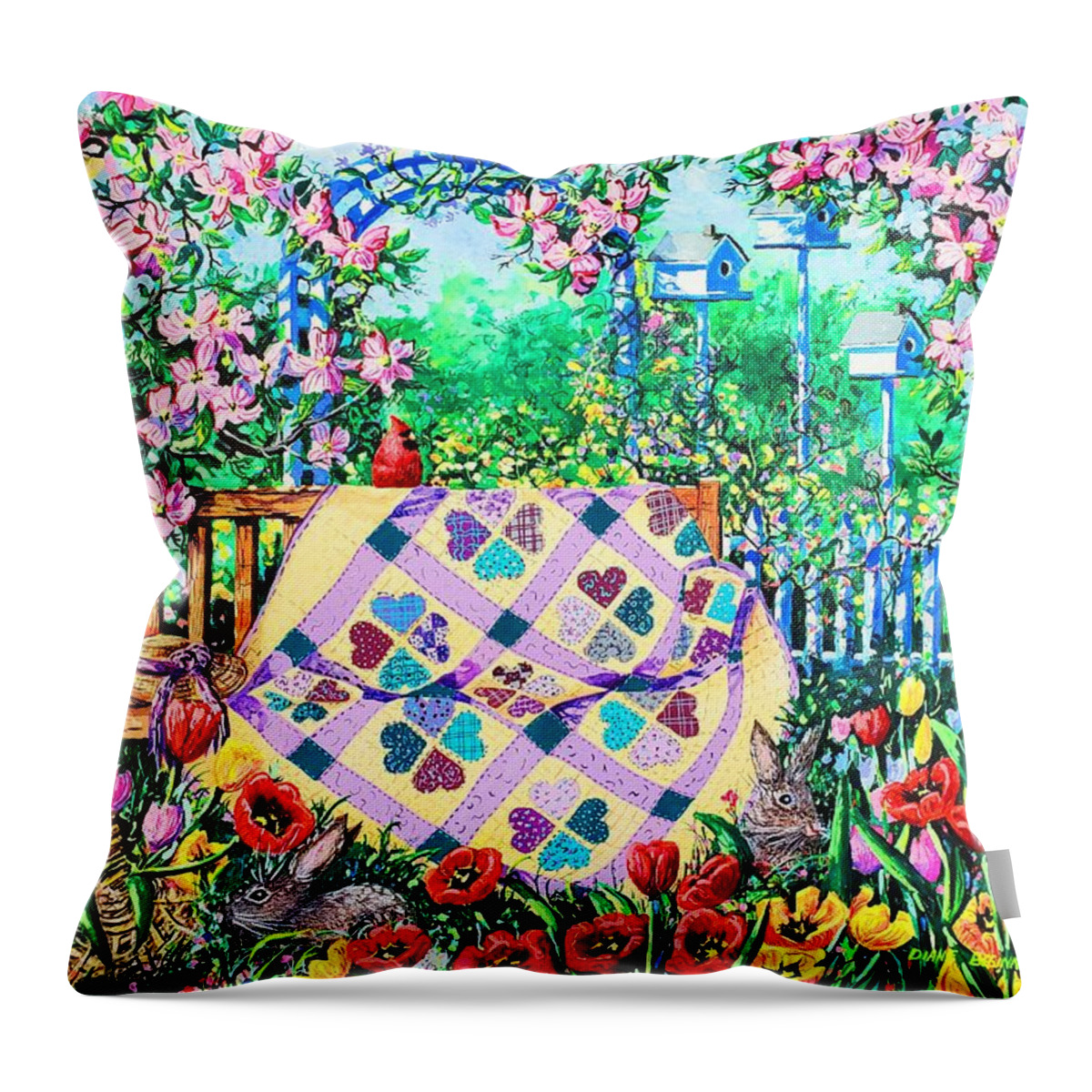Garden Bench Throw Pillow featuring the painting Springtime Hearts and Flowers by Diane Phalen