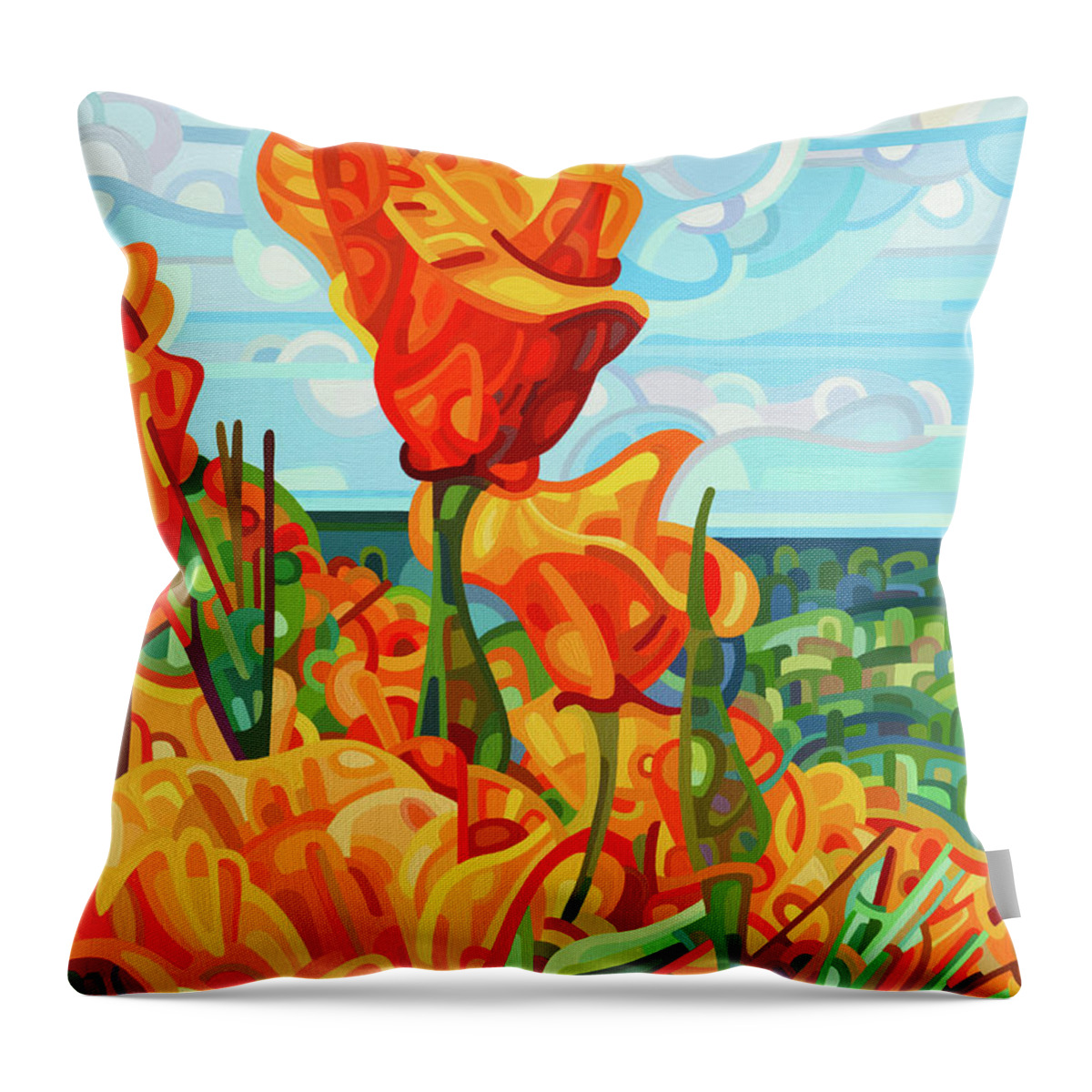 Red Orange Poppies Throw Pillow featuring the painting Standing Tall by Mandy Budan