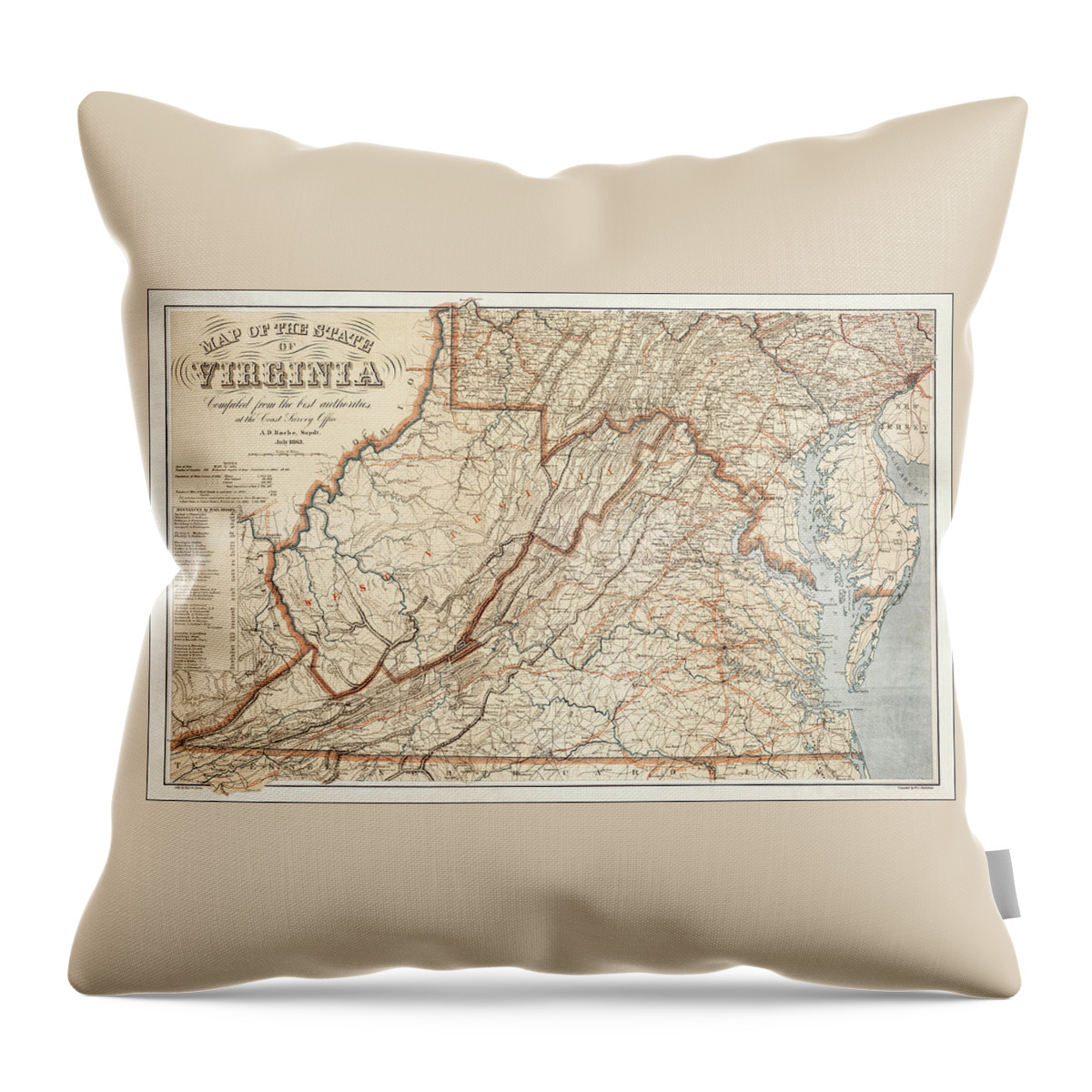Virginia Throw Pillow featuring the photograph State of Virginia Vintage Map 1863 by Carol Japp