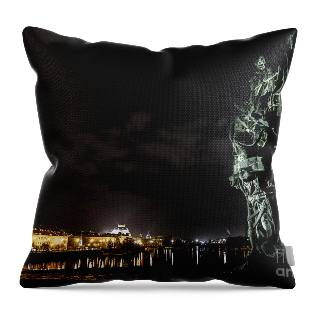Ancient Throw Pillow featuring the photograph Statue On Charles Bridge And Illuminated Buildings In Prague In The Czech Republic by Andreas Berthold