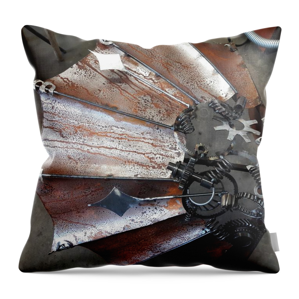 Umbrella Throw Pillow featuring the sculpture Steampunk Clock Umbrella by Wendy Ray