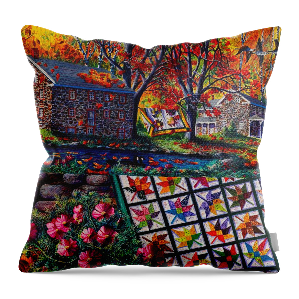 Landscape Of Stone Mill Autumn Crossing Throw Pillow featuring the painting Stone Mill Autumn Crossing by Diane Phalen