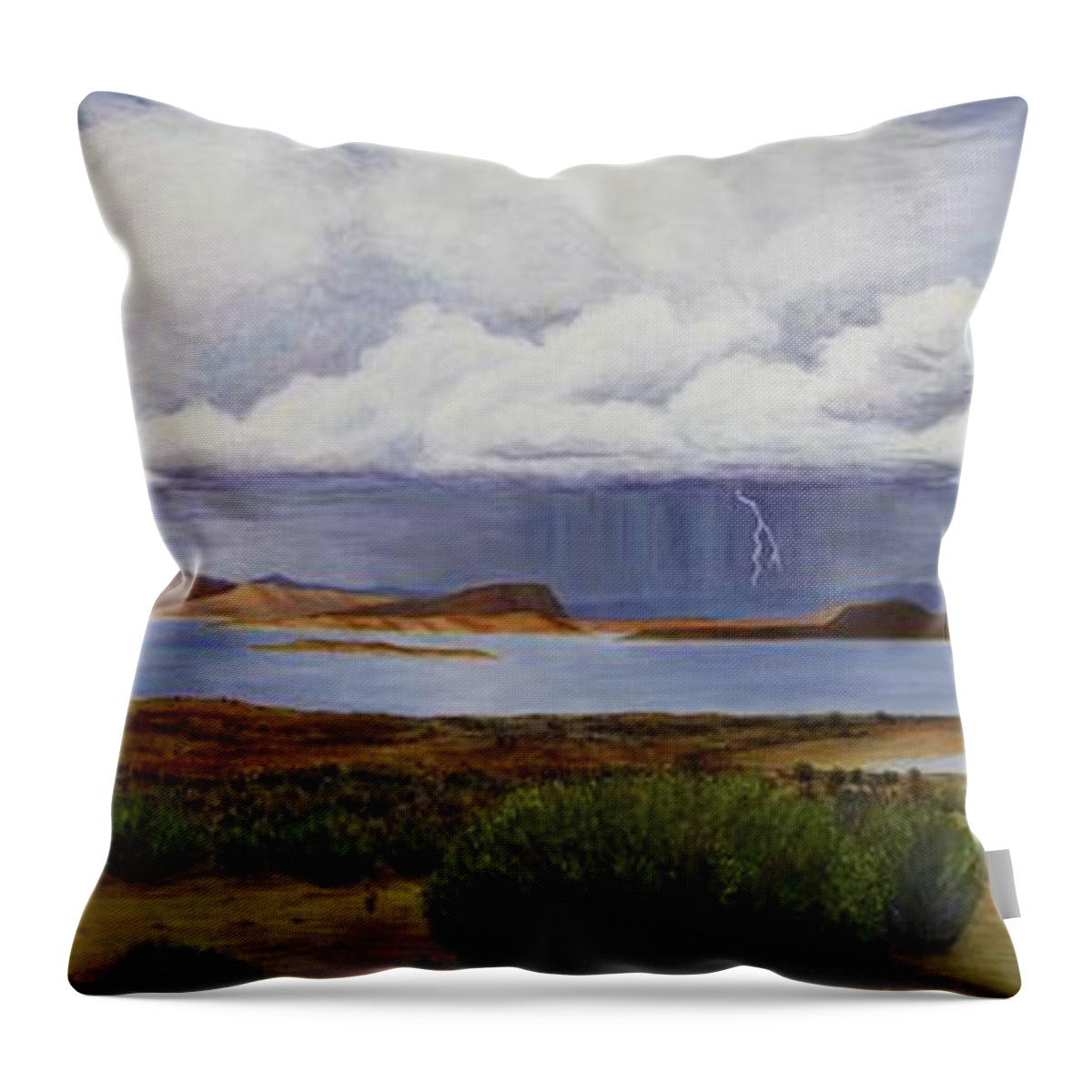 Kim Mcclinton Throw Pillow featuring the painting Storm at Lake Powell- panorama by Kim McClinton