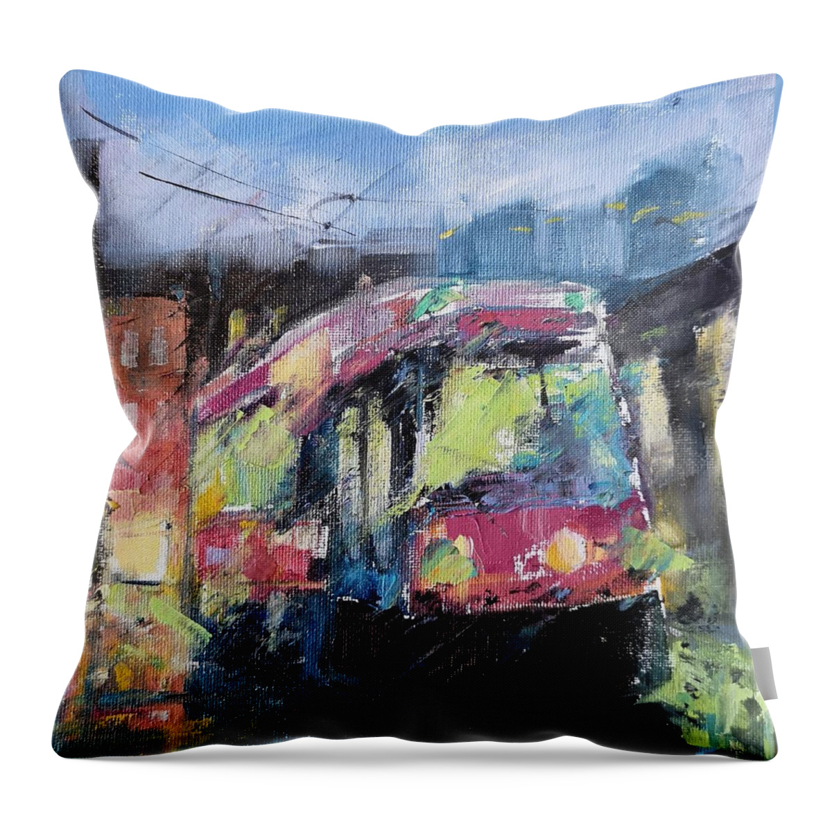 Streetcar Throw Pillow featuring the painting Streetcar 7pm by Sheila Romard