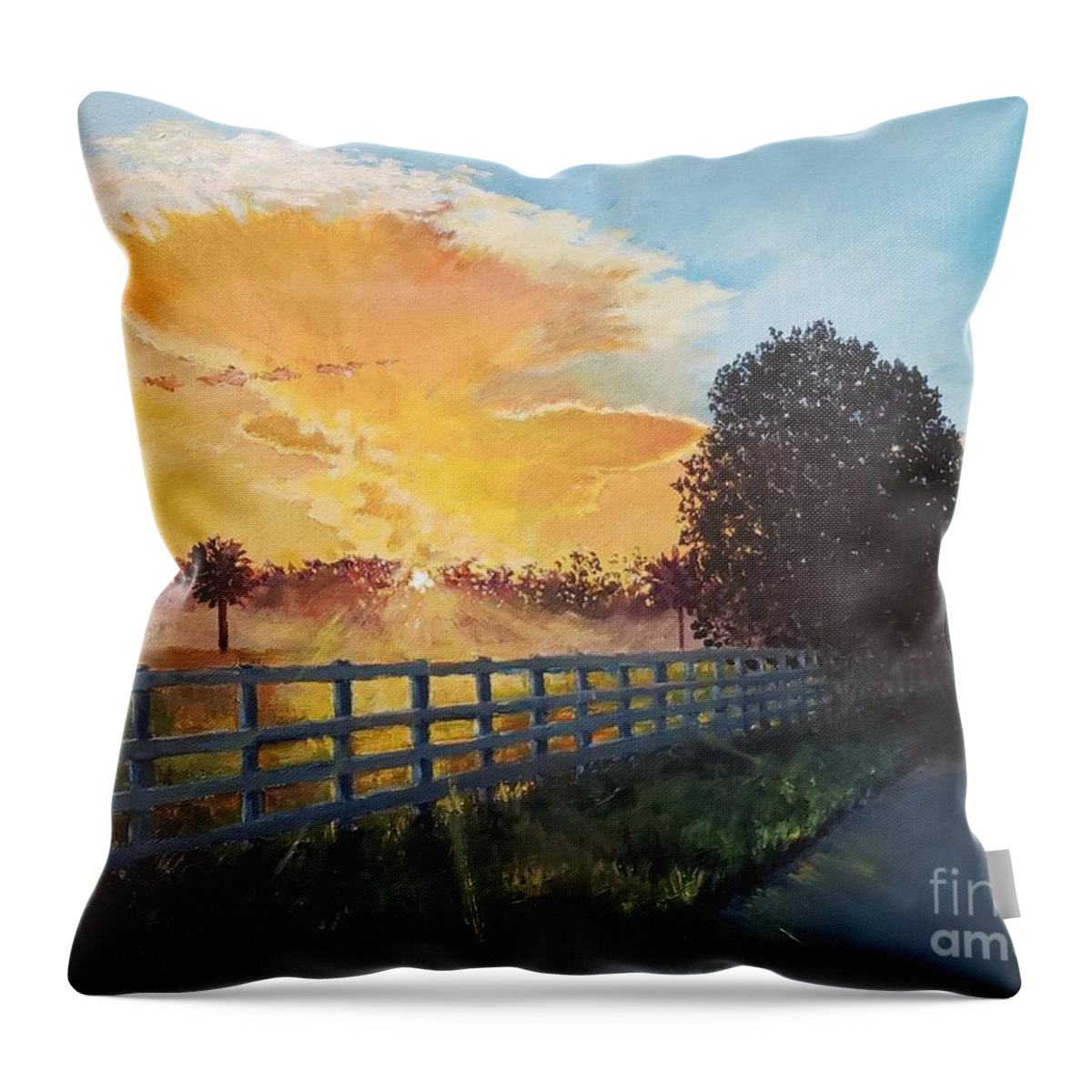 Fence Throw Pillow featuring the painting Summer Sunrise by Merana Cadorette