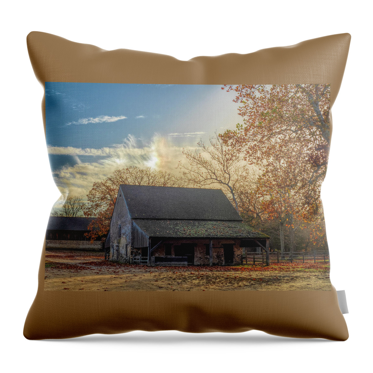 Barn Throw Pillow featuring the photograph Sundog Rainbow Over The Horse Barn by Kristia Adams