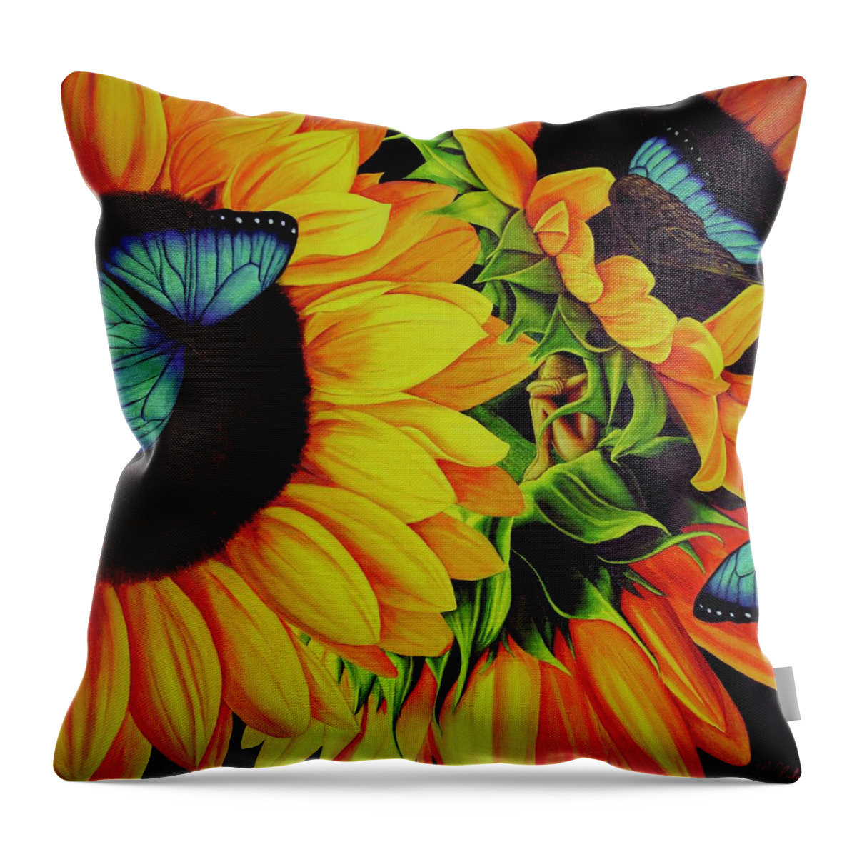 Kim Mcclinton Throw Pillow featuring the painting Blue Morpho Sunflower Dream by Kim McClinton
