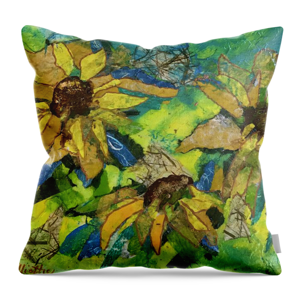 Sunflowers Throw Pillow featuring the painting Sunflowers by the Sea by Elaine Elliott