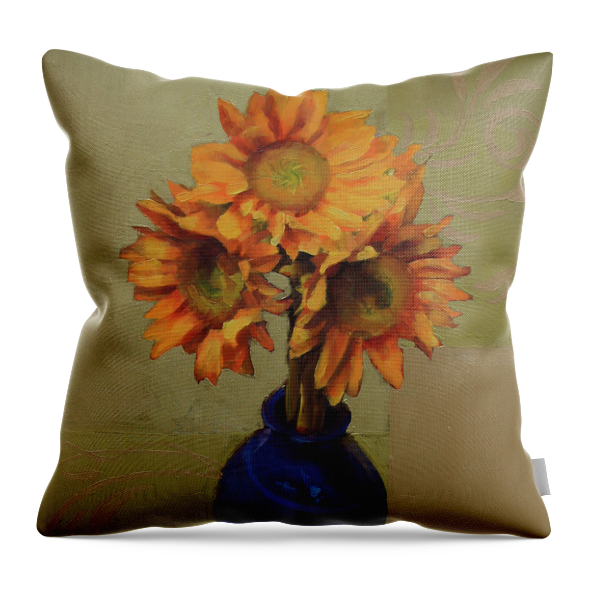 Sunflowers Throw Pillow featuring the painting Sunflowers in a blue vase by Cathy Locke