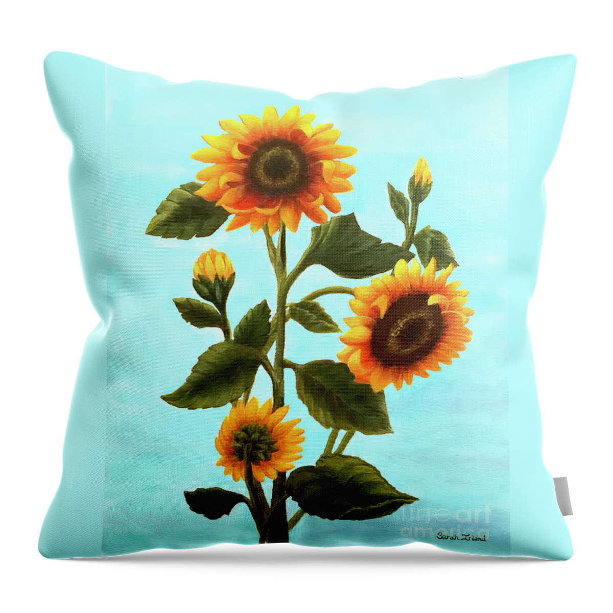 Portrait Throw Pillow featuring the painting Sunflowers on Blue by Sarah Irland
