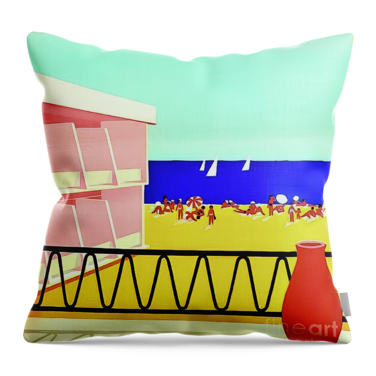1960 Throw Pillow featuring the drawing Sunny Beach Bulgaria Travel Poster 1960 by M G Whittingham