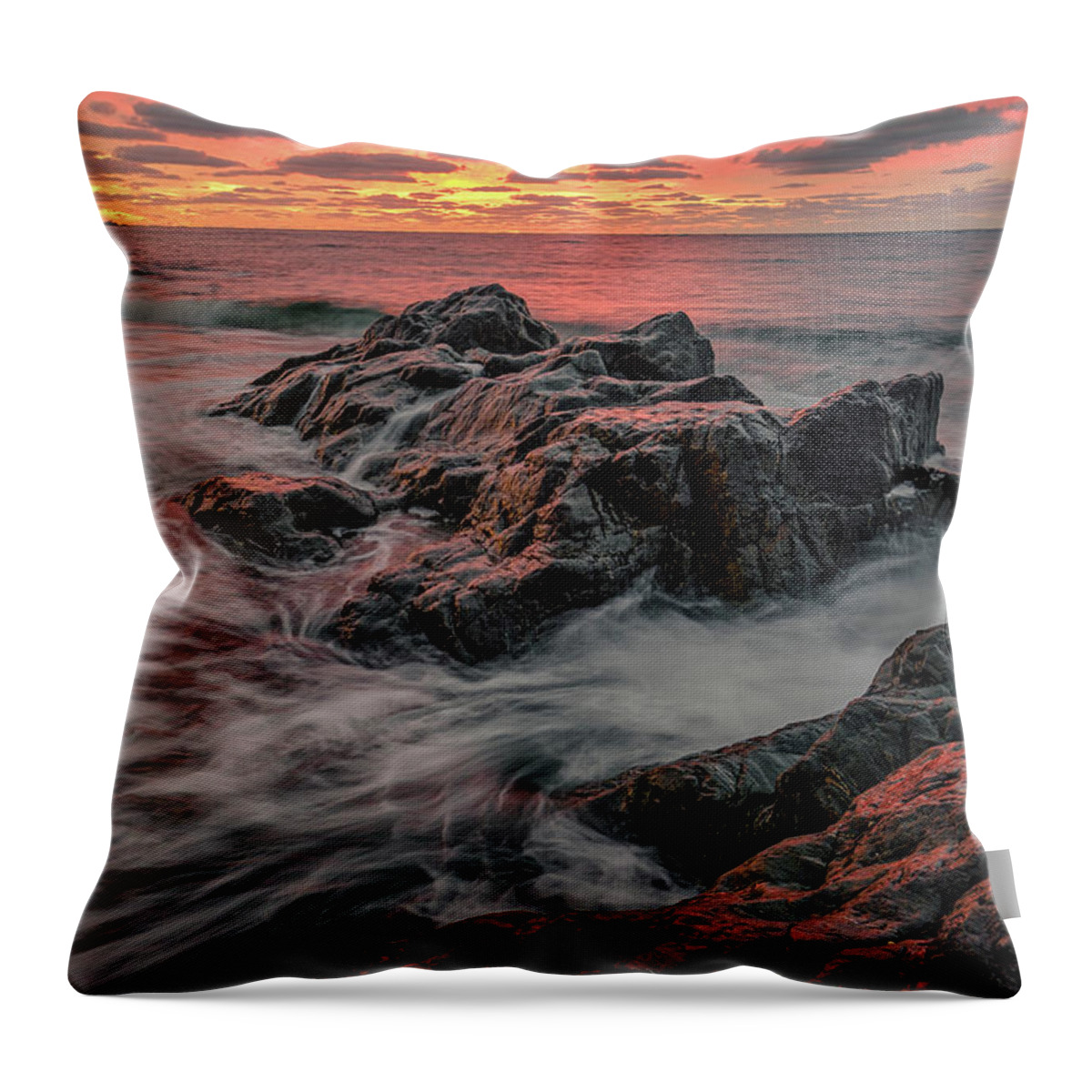 New Hampshire Throw Pillow featuring the photograph Sunrise On The Rocks, Fort Foster. by Jeff Sinon