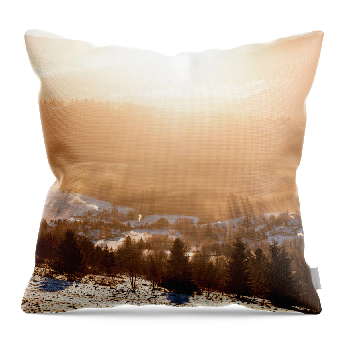 Landscape Throw Pillow featuring the photograph Sun's rays pass in the morning mist by Vaclav Sonnek