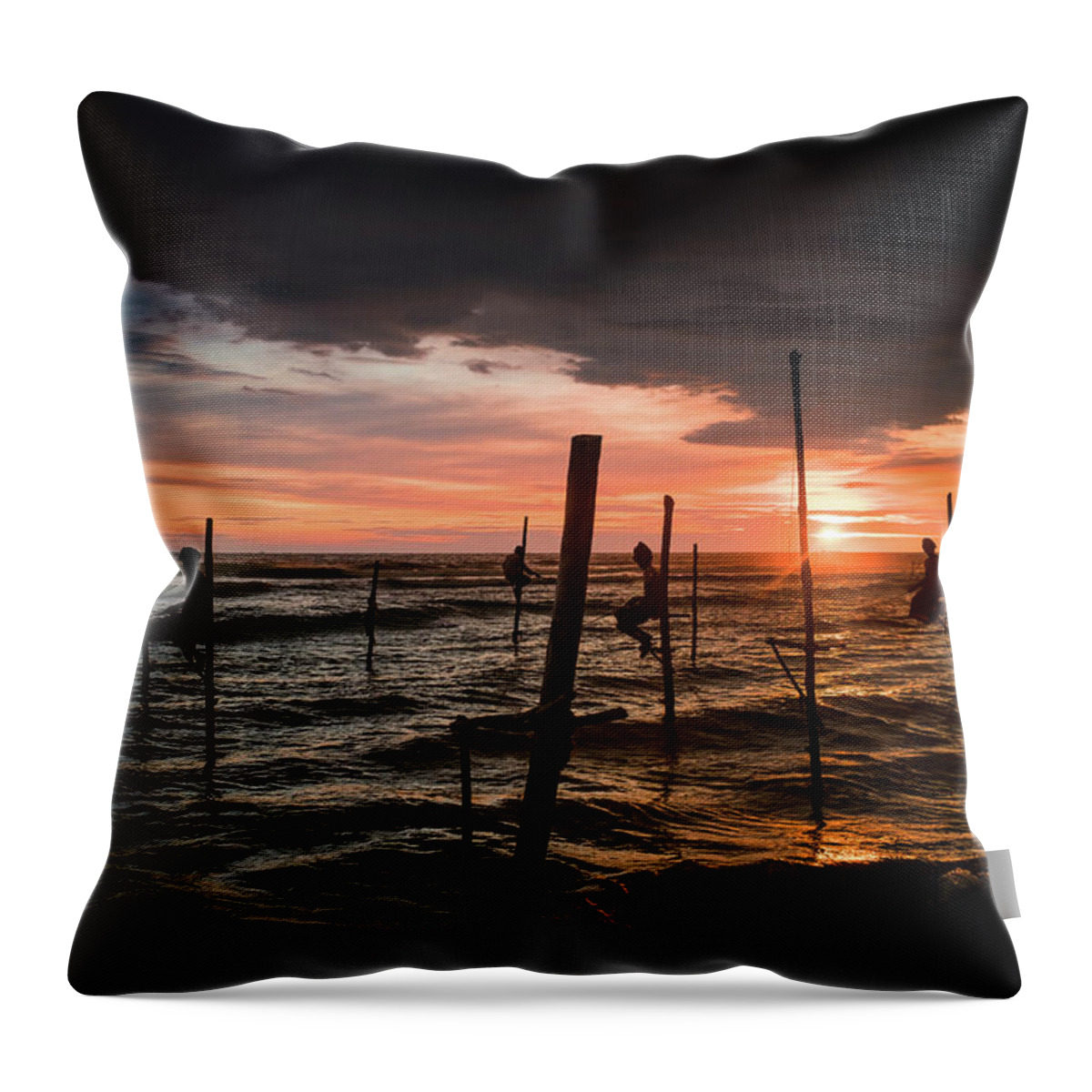 Fisherman Throw Pillow featuring the photograph Sunset and Stilt Fishermen by Arj Munoz