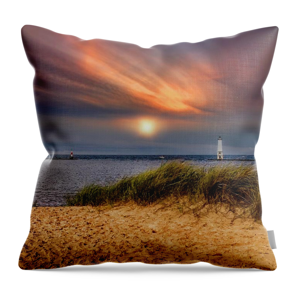 Northernmichigan Throw Pillow featuring the photograph Sunset at Betsie Harbor Entrance IMG_3653 by Michael Thomas