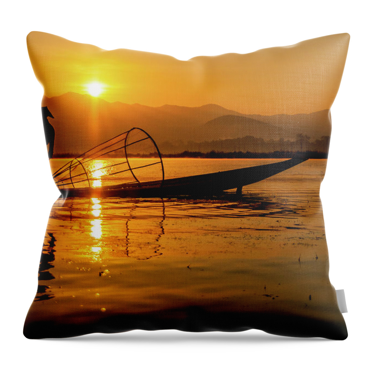 Inlelake Throw Pillow featuring the photograph Sunset at Inle Lake by Arj Munoz