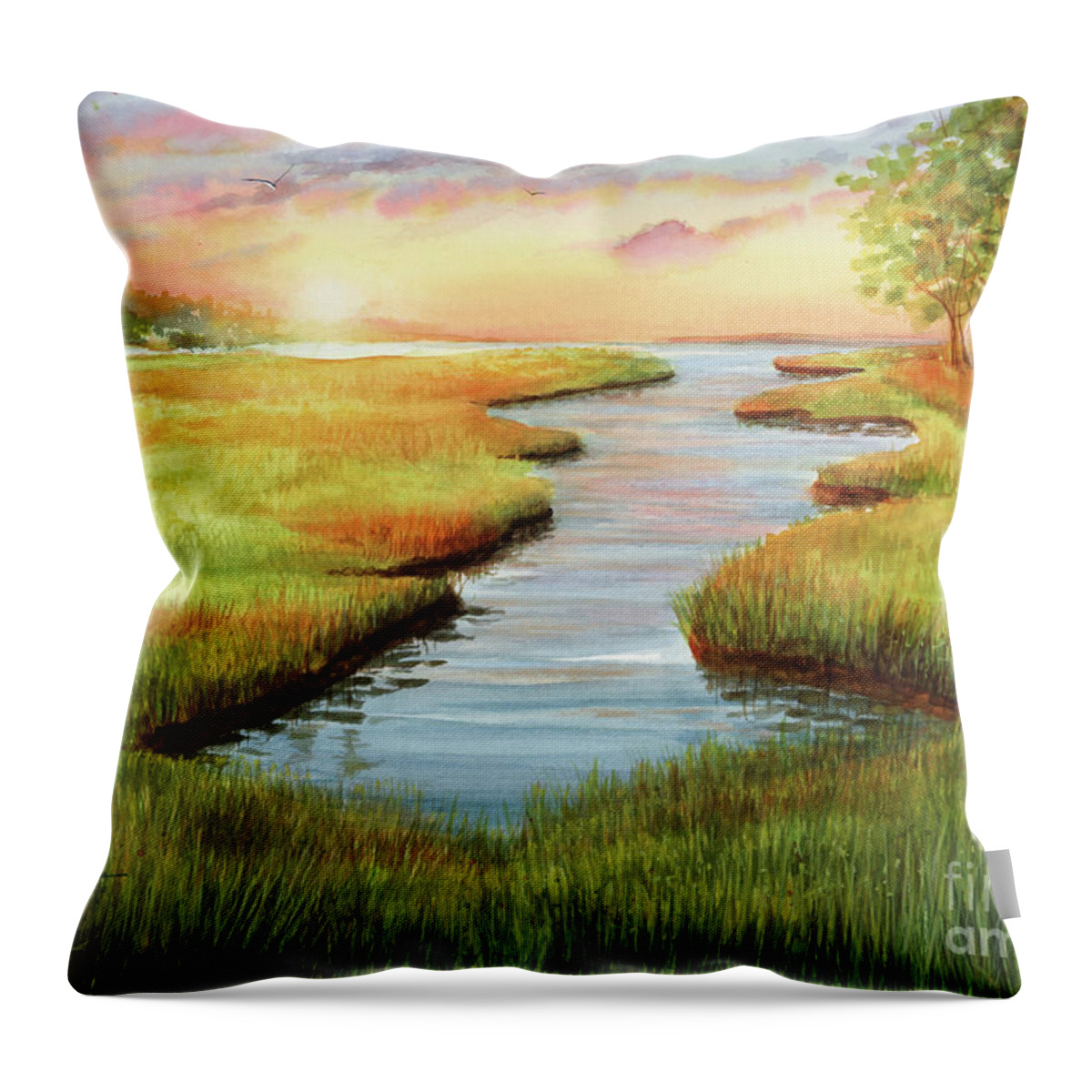 Sunset At Mill Creek Watercolor Throw Pillow featuring the painting Sunset at Mill Creek Watercolor by Michelle Constantine