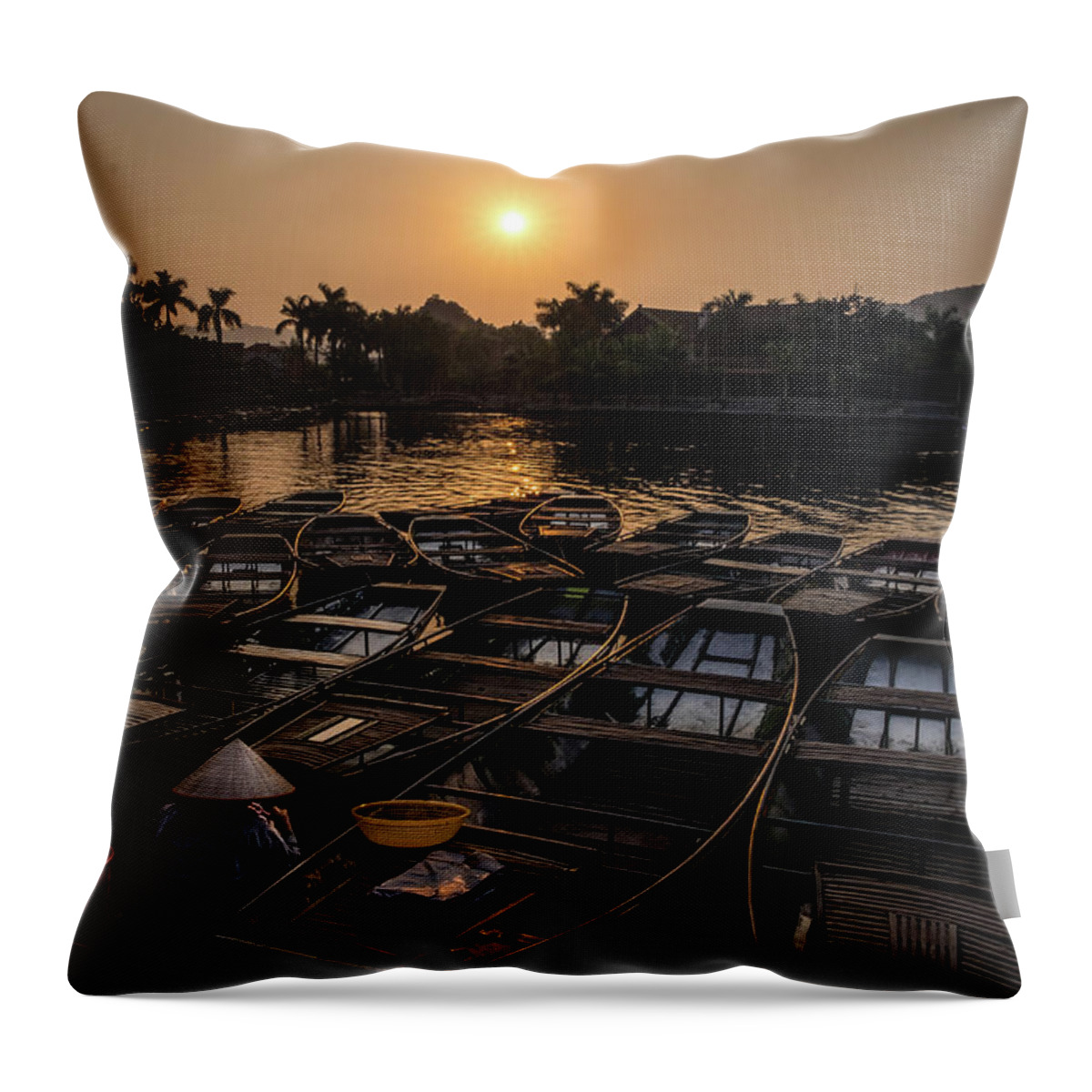 Ba Giot Throw Pillow featuring the photograph Sunset at Trang An by Arj Munoz