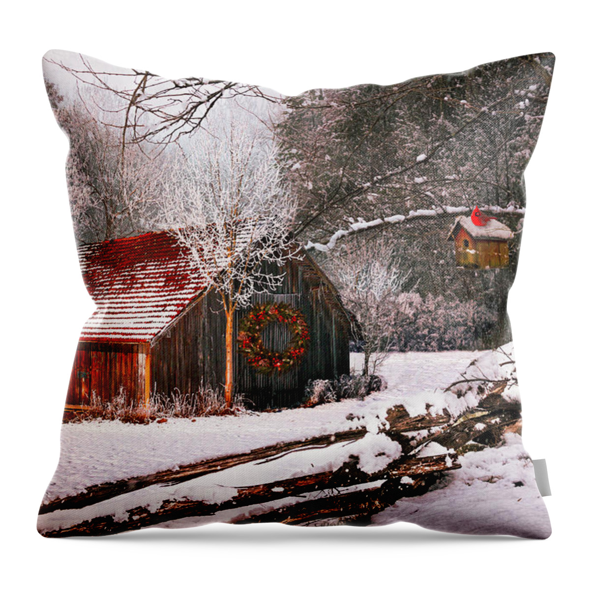 Barn Throw Pillow featuring the photograph Sunset Barn in the Snow by Debra and Dave Vanderlaan