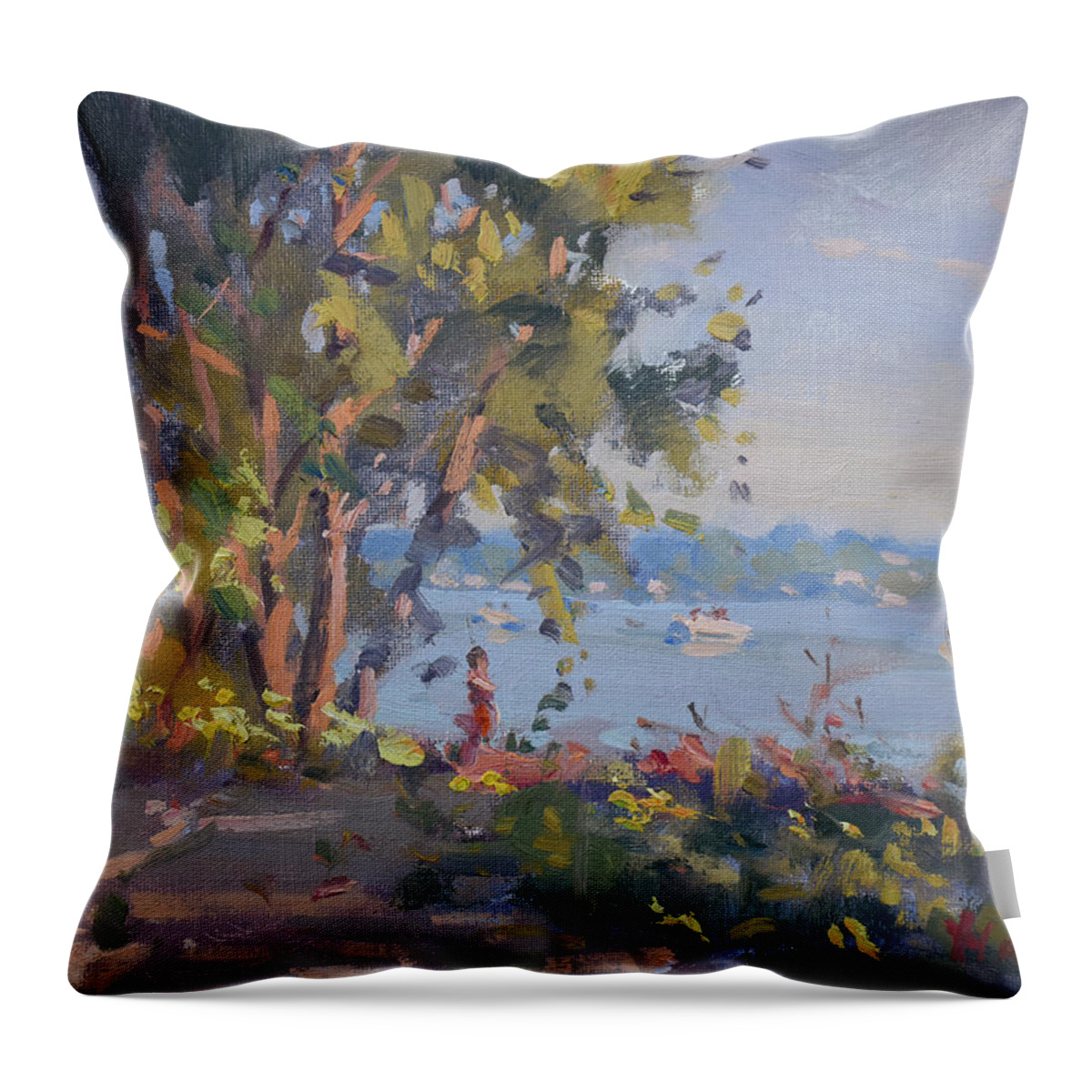 Sunset Throw Pillow featuring the painting Sunset by the Lake by Ylli Haruni