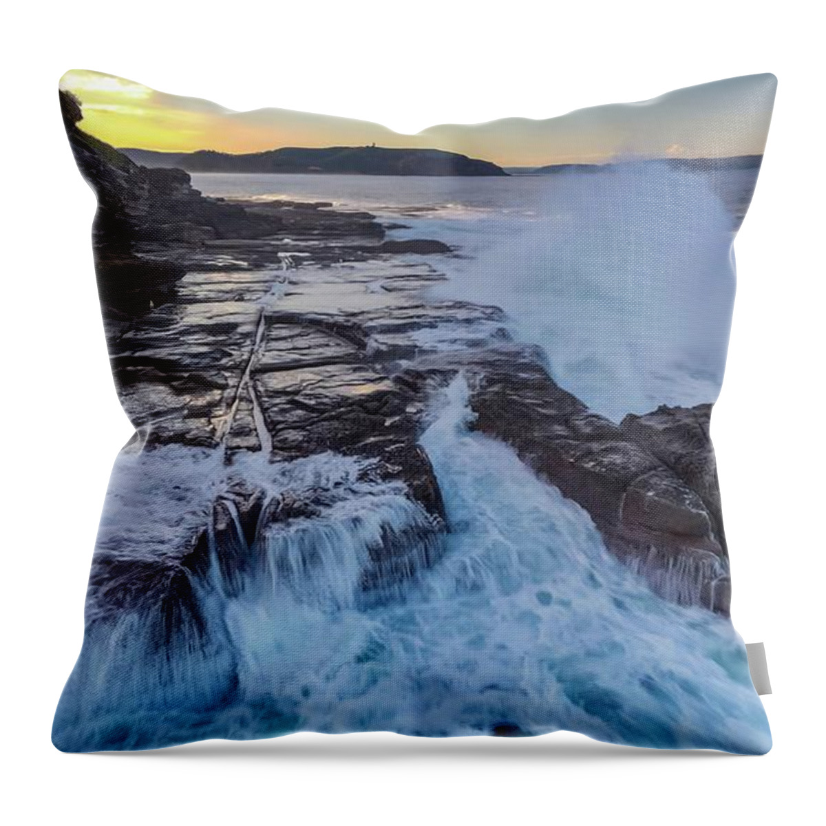 Beach; Sea; Blue; Beautiful; Nature Background; Seascape; Water; Landscape; Rocks; Cliffs; Rock Pool; Tourism; Travel; Summer; Holidays; Sea; Surf; Palm Beach Throw Pillow featuring the photograph Sunset Near Palm Beach No 5 by Andre Petrov