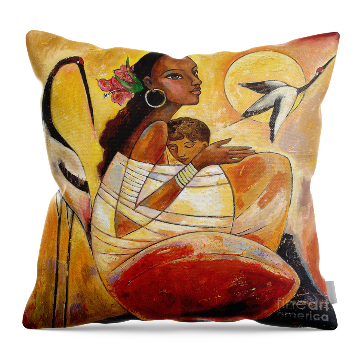Mother And Child Throw Pillow featuring the painting Sunshine Mother and Child by Shijun Munns