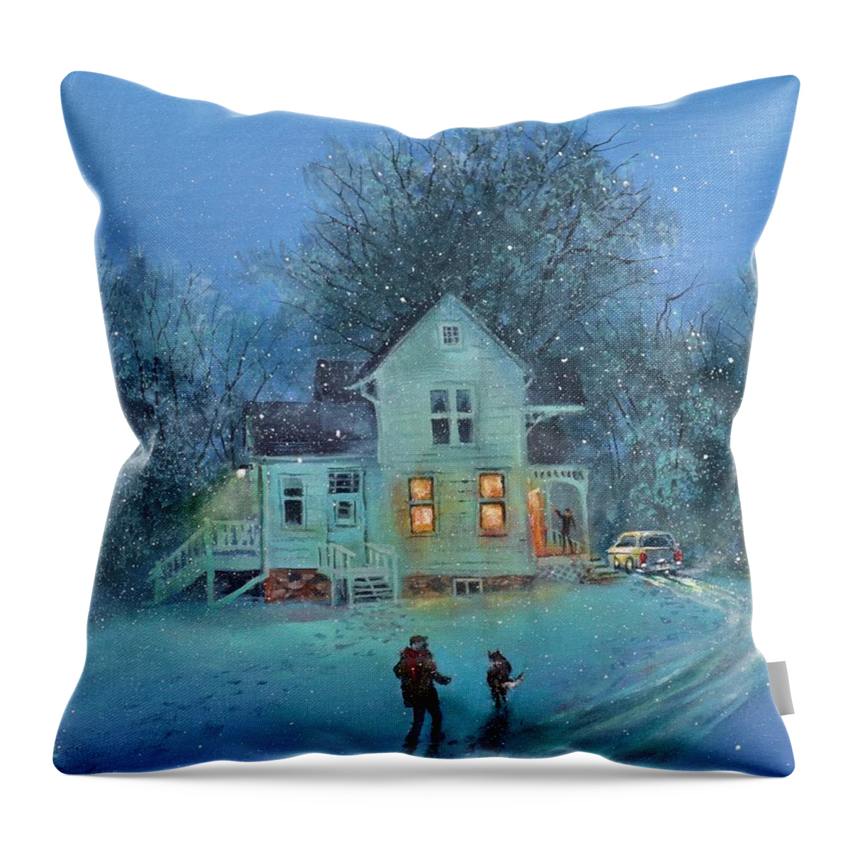 Winter Scene Throw Pillow featuring the painting Suppertime At The Farm by Tom Shropshire