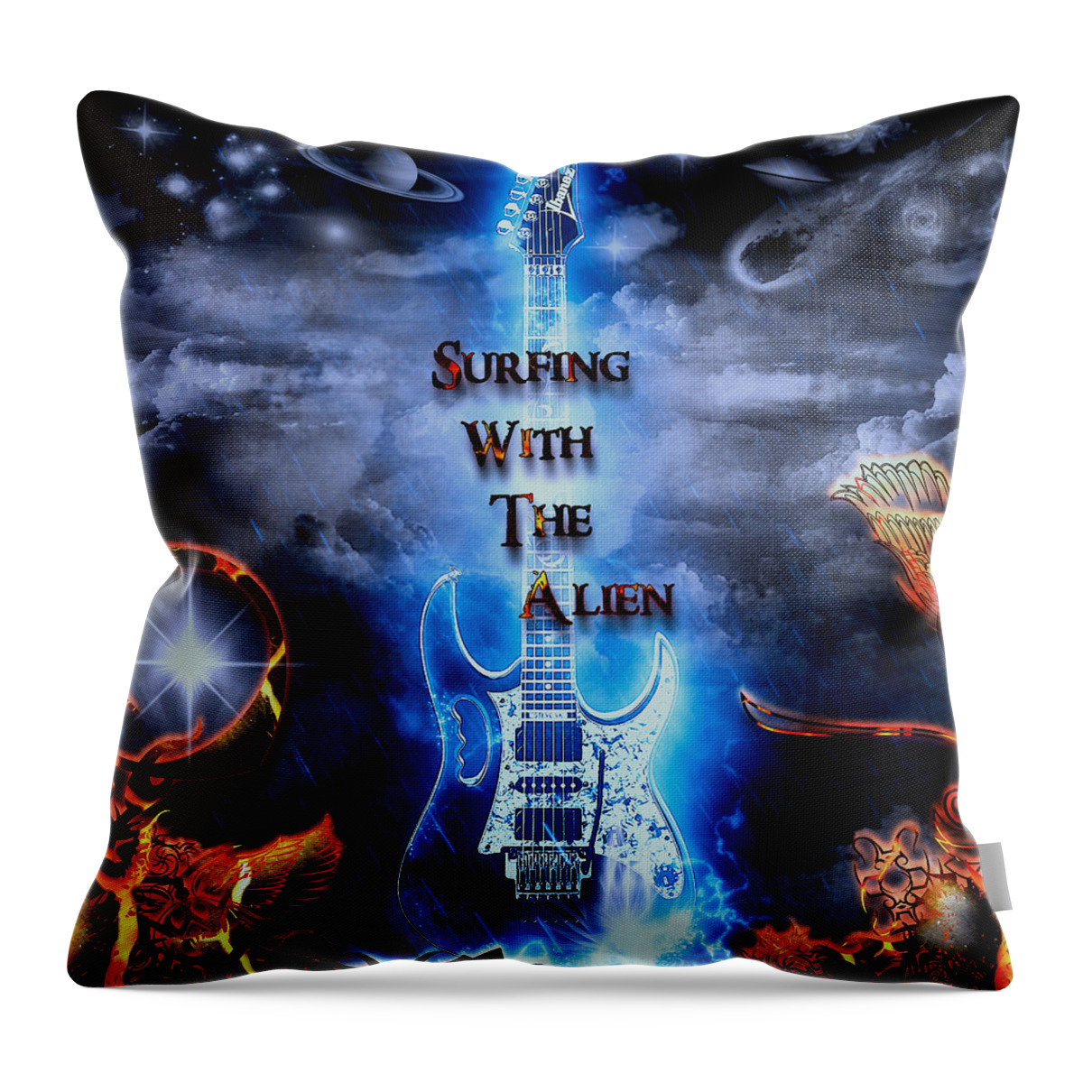 Surfing With The Alien Throw Pillow featuring the digital art Surfing With The Alien by Michael Damiani
