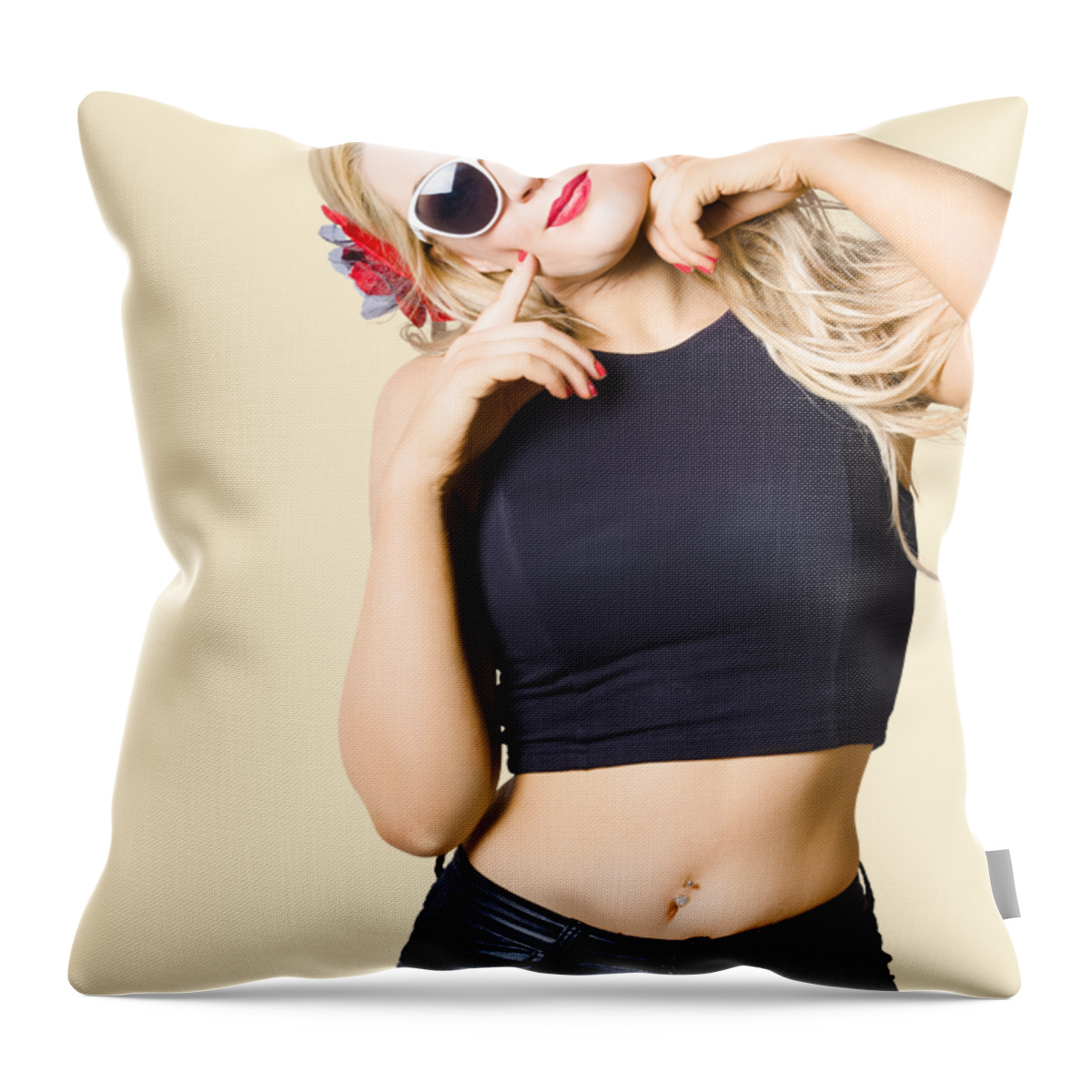 Girl Throw Pillow featuring the photograph Surprised pinup woman isolated on studio backgrond by Jorgo Photography