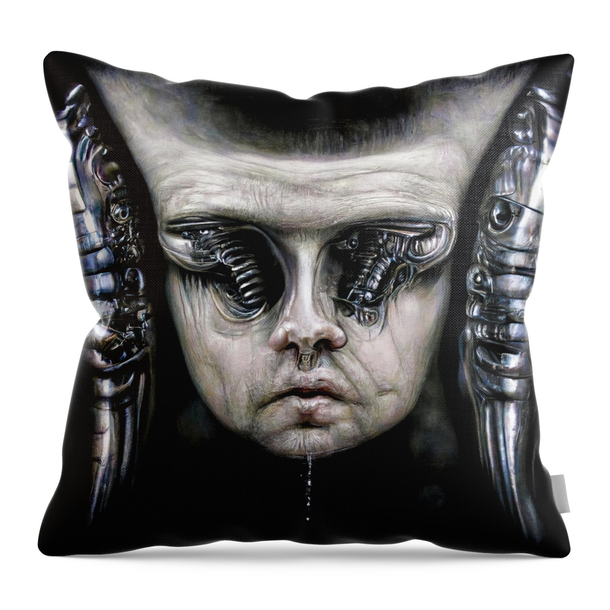 Cyborg Throw Pillow featuring the digital art Surreal Art 10 Cyborg Portrait by Matthias Hauser