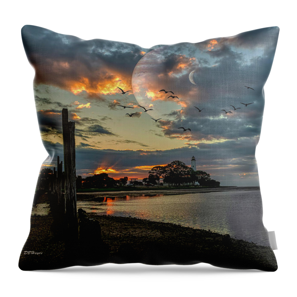 Sunrises Throw Pillow featuring the photograph Surreal Lighthouse Sunrise by DB Hayes