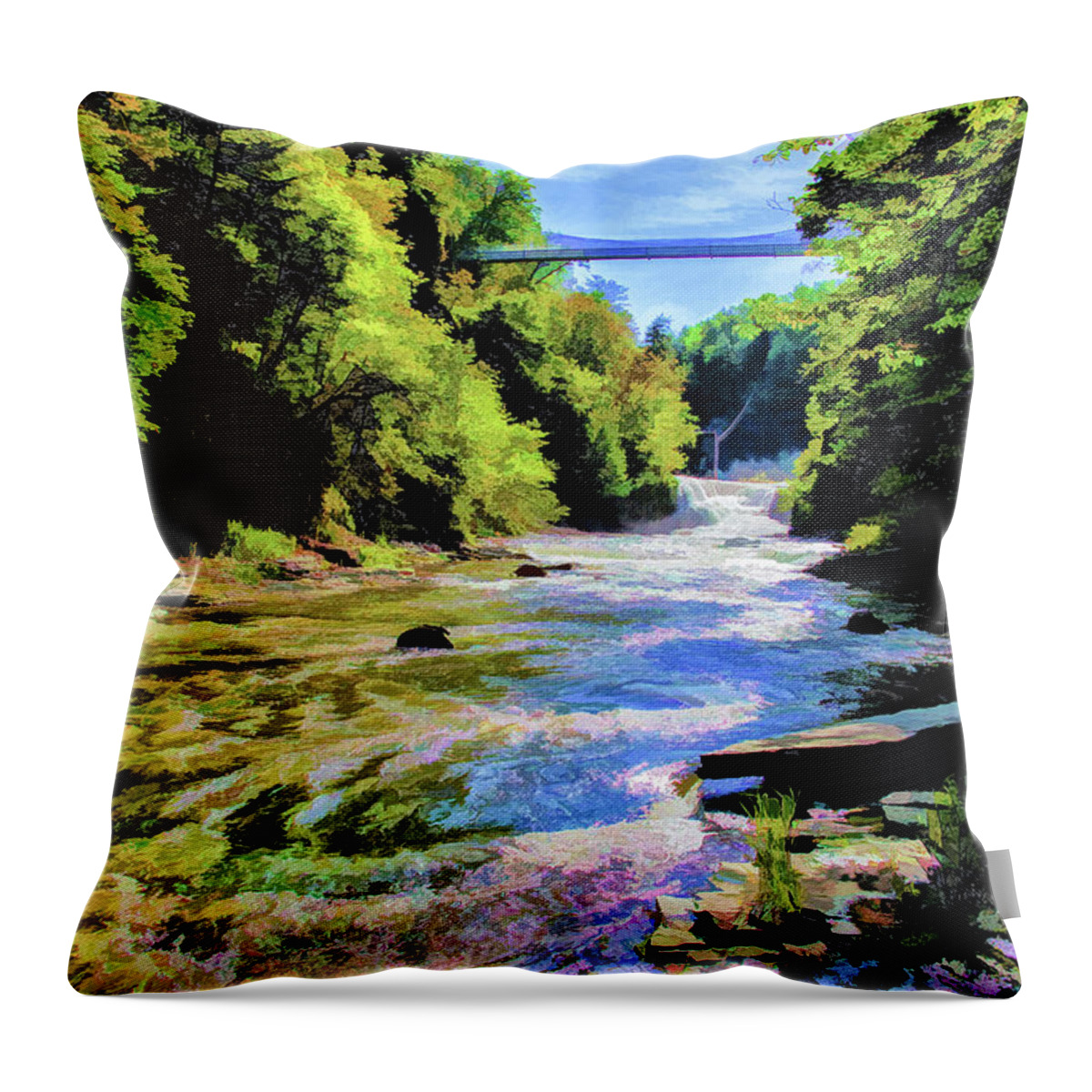 Impressionist Throw Pillow featuring the photograph Suspension Bridge at Cornell by Monroe Payne
