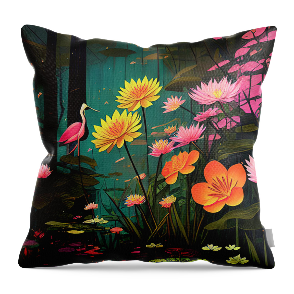 Magical Nature Throw Pillow featuring the digital art Swamp Magic Flowers Birds Black Water Lily Pads by Ginette Callaway