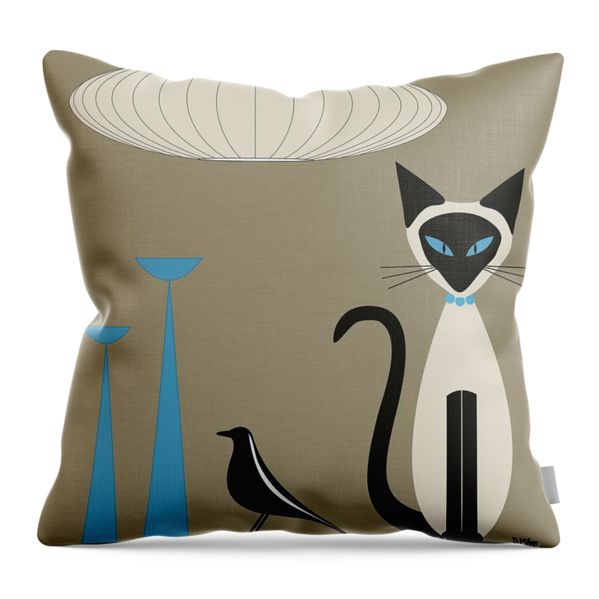 Mid Century Modern Throw Pillow featuring the digital art Tabletop Siamese Blue by Donna Mibus