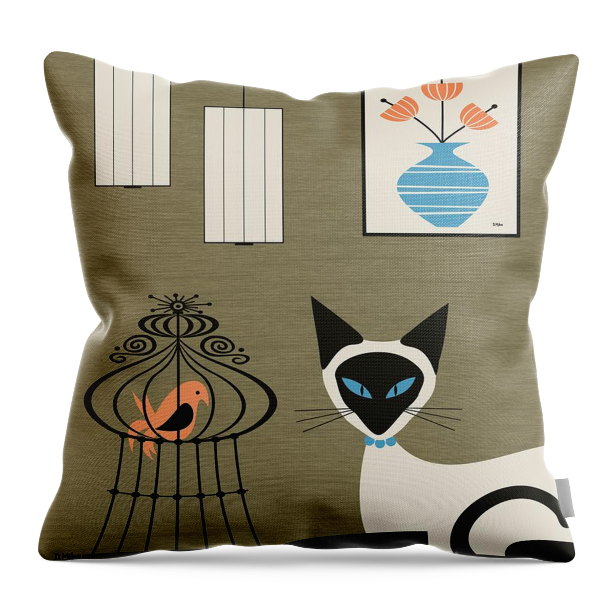 Mid Century Modern Throw Pillow featuring the digital art Tabletop Siamese with Bird by Donna Mibus