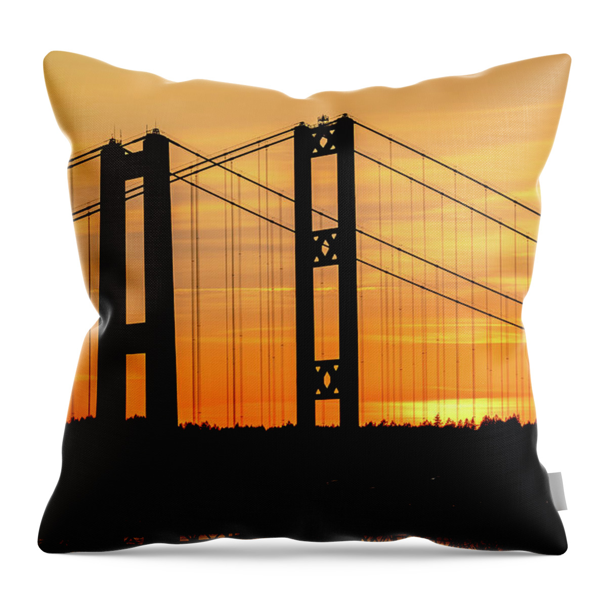 Tacoma Throw Pillow featuring the photograph Tacoma Narrows Bridges Fiery Sunset by Rob Green