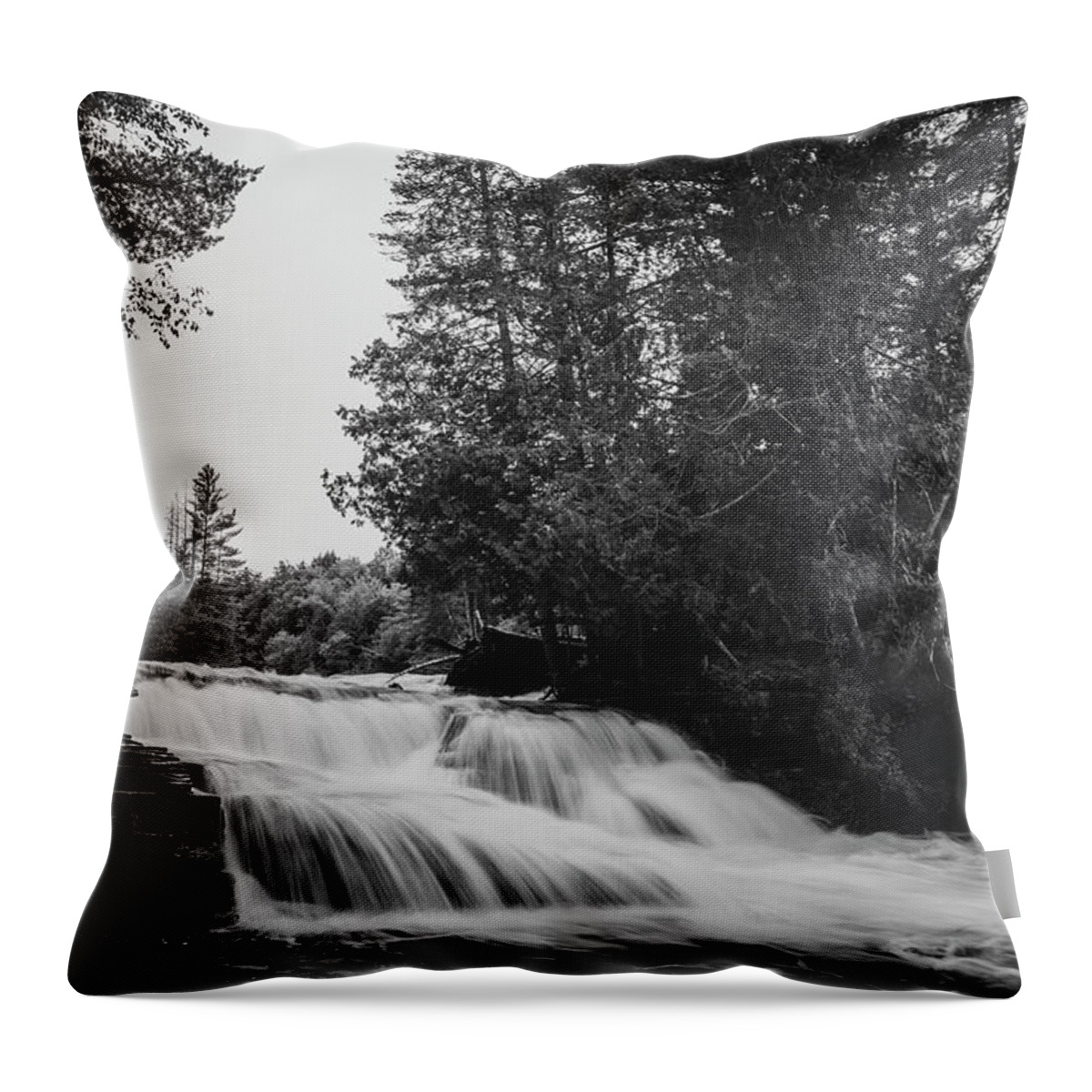 Tahquamenon Falls Black And White Lower Falls Throw Pillow featuring the photograph Tahquamenon Falls Lower Black And White by Dan Sproul