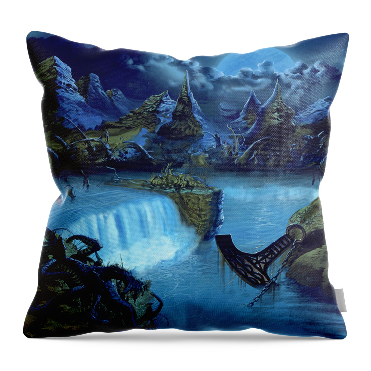 Amorphis Throw Pillow featuring the painting Tales from the Thousand Lakes by Sv Bell