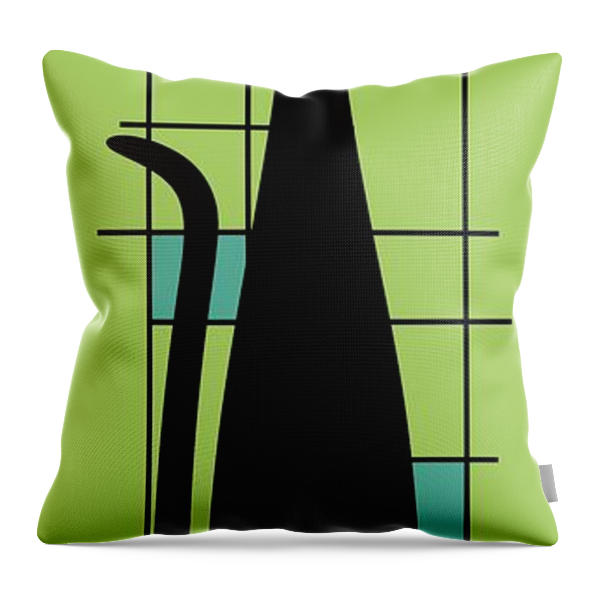Mid Century Modern Cat Throw Pillow featuring the digital art Tall Mondrian Cat on Green by Donna Mibus